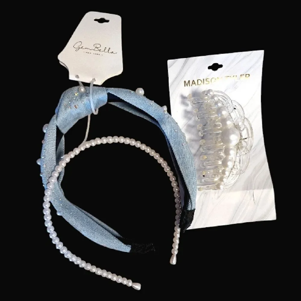 Embellished Pearl Denim Headbands Clip Hair Accessories Lot OF 3 NWT